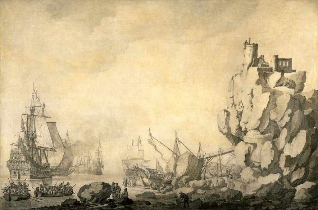 Detail of Ships and Militia by a Rocky Shore English and Dutch Ships with Armed Men by a Rocky, Fortified Shore by The Elder