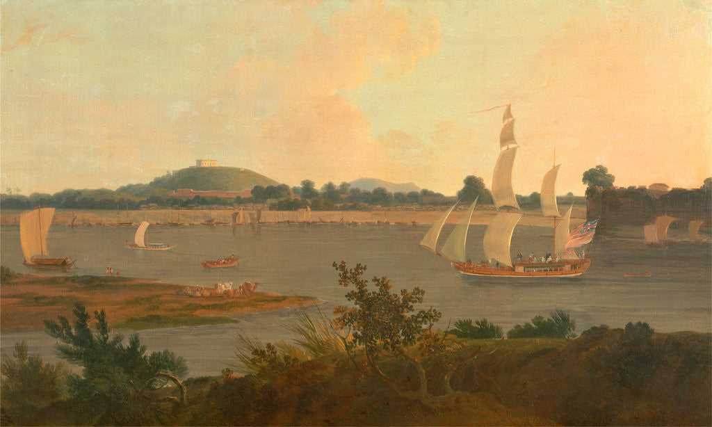 Detail of Pinnace sailing down the Ganges past Monghyr Fort Ganges Landscape by Thomas Daniell