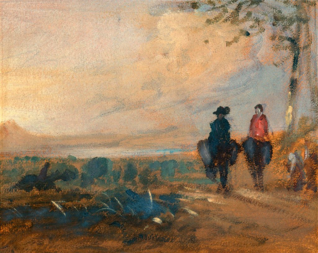 Detail of Landscape with Lake and Two Figures Riding by Anonymous