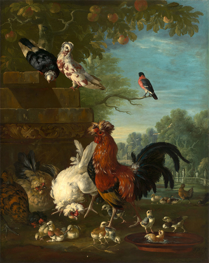 Detail of Domestic cock, hens, and chicks in a park by Peter Casteels