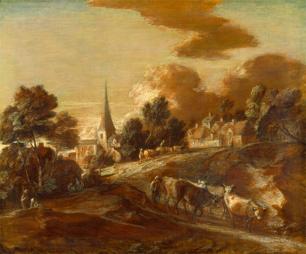 Detail of An Imaginary Wooded Village with Drovers and Cattle by Thomas Gainsborough