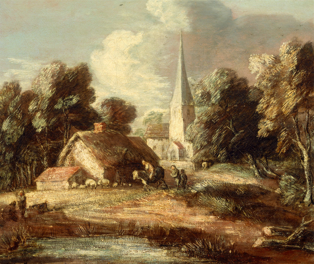 Detail of Landscape with cottage and church Landscape with a Church, Cottage, Villagers and Animals by Thomas Gainsborough