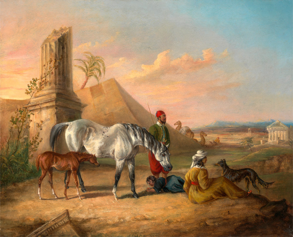 Detail of Grey Arabian mare and foal, with a family by George Henry Laporte