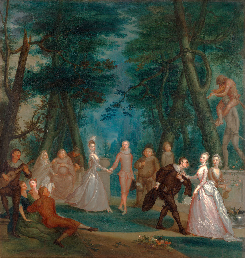 Detail of Scene in a park, with figures from the Commedia dell'Arte A Harliquinade by Marcellus Laroon the Younger