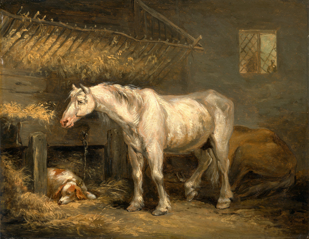 Detail of Old horses with a dog in a stable by George Morland