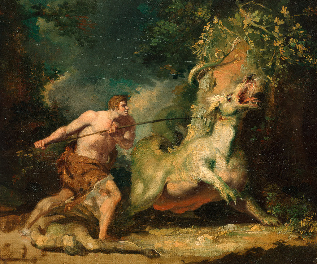 Detail of Man attacking a monster by John Hamilton Mortimer
