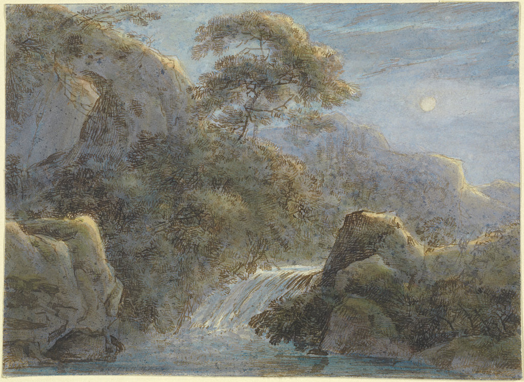 Detail of Waterfall in the Mountains by Moonlight by Franz Innocenz Kobell