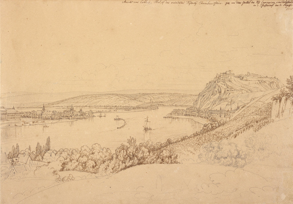 Detail of View of Koblenz with the Rhine and Fortress Ehrenbreitstein (recto), View of the Heidelberg Castle (verso) by Johann Adam Klein