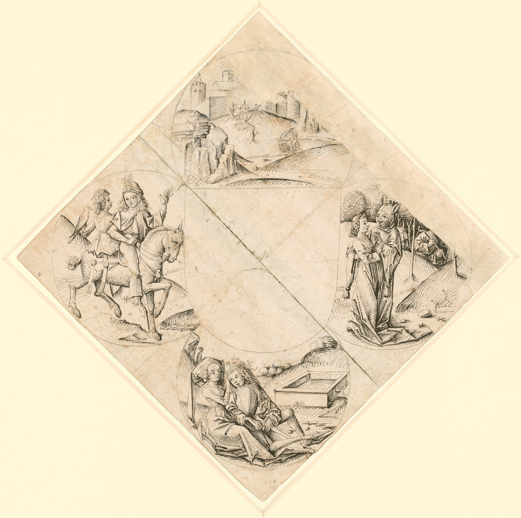 Detail of Design for a Quatrefoil with a Castle, Two Lovers, a Maiden Tempted by a Fool, a Couple Seated by a Trough, and a Knight and His Lover Mounted on a Horse by Anonymous