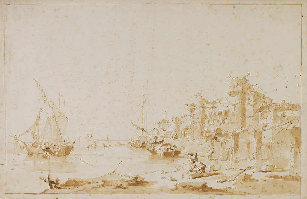 Detail of An Imaginary View of a Venetian Lagoon, with a Fortress by the Shore by Francesco Guardi