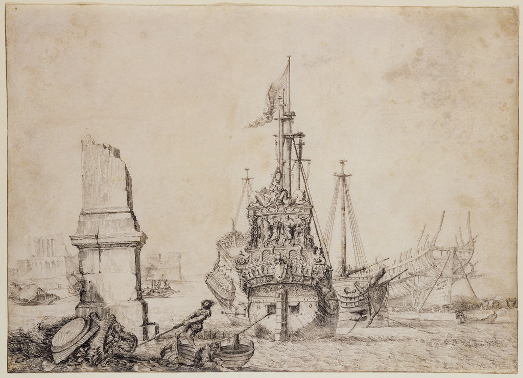 Detail of A ship in a port near a ruined obelisk by Pierre Puget