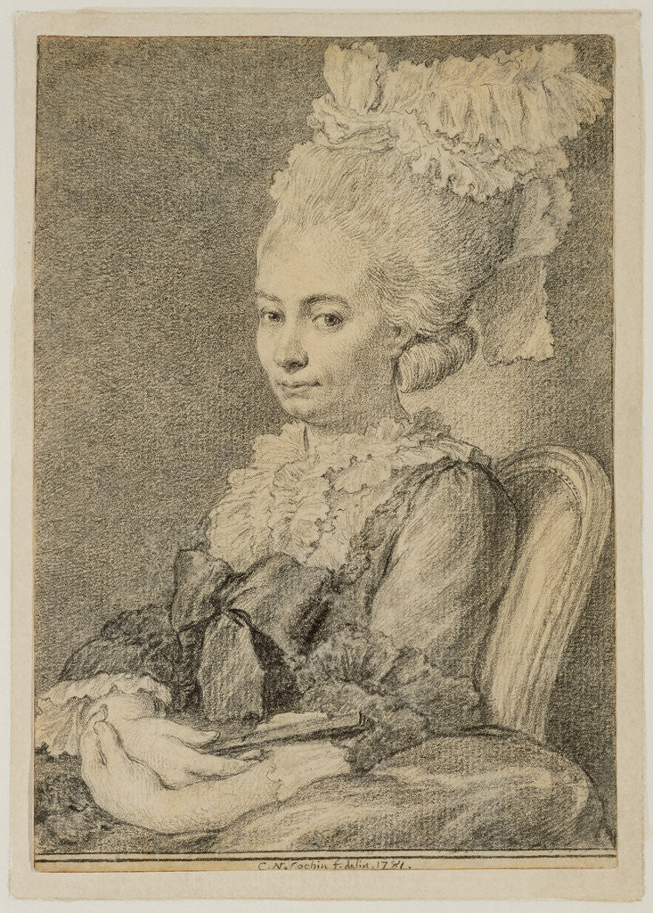 Detail of Portrait of a Young Woman Holding a Fan by Charles-Nicolas Cochin II