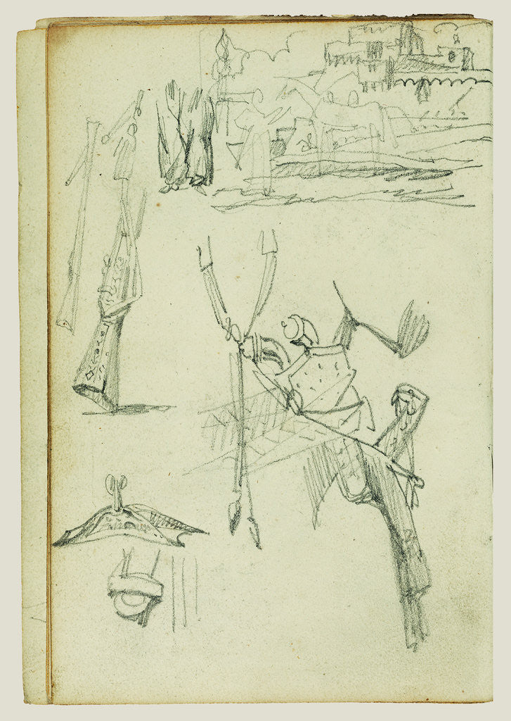 Detail of Weapon studies, compositional study of castle scene by Théodore Géricault