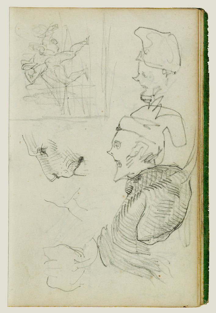 Detail of Studies of lion, compositional group figure study, two caricature head studies by Théodore Géricault