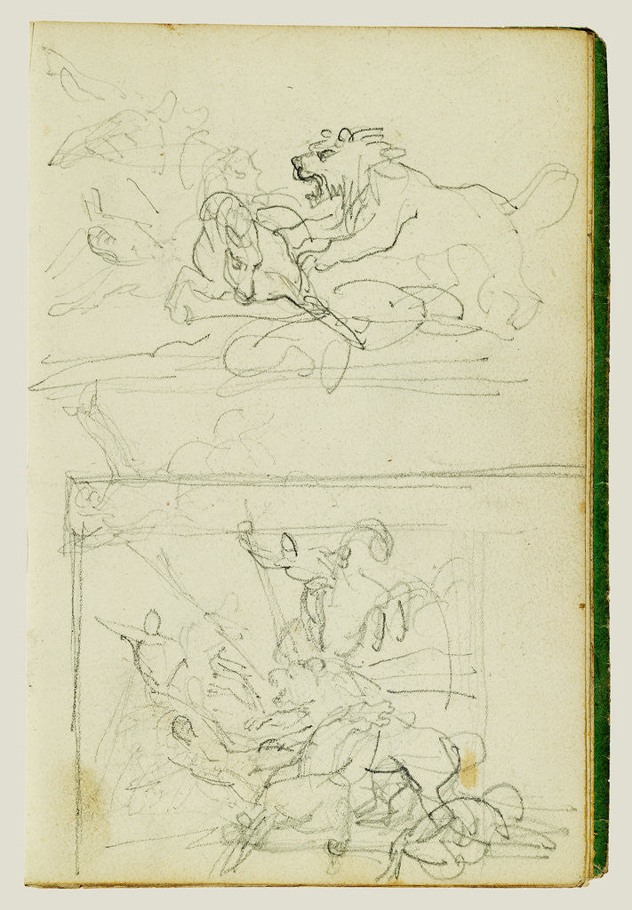 Detail of Two compositional studies of a lion hunt by Théodore Géricault