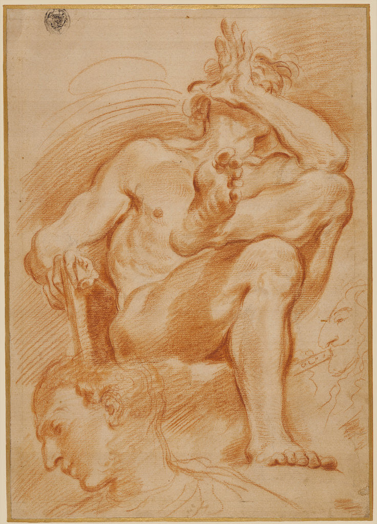 Detail of Sheet of Studies: A Seated Nude Man, A Youthful Head and a Caricature Head of a Man Playing a Pipe by Domenico Maria Canuti