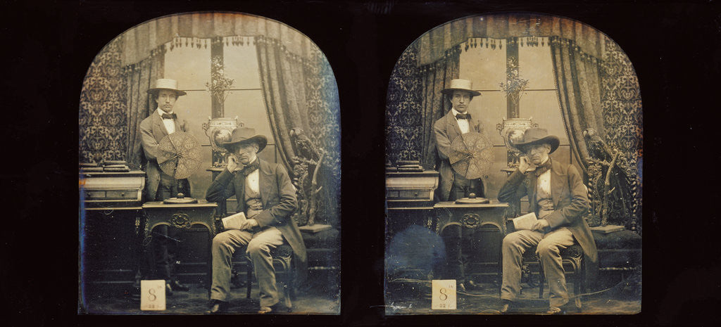 Detail of Self-portrait of Antoine François Jean Claudet and his son Henri Posed with His Invention, The Focimeter by Antoine Claudet