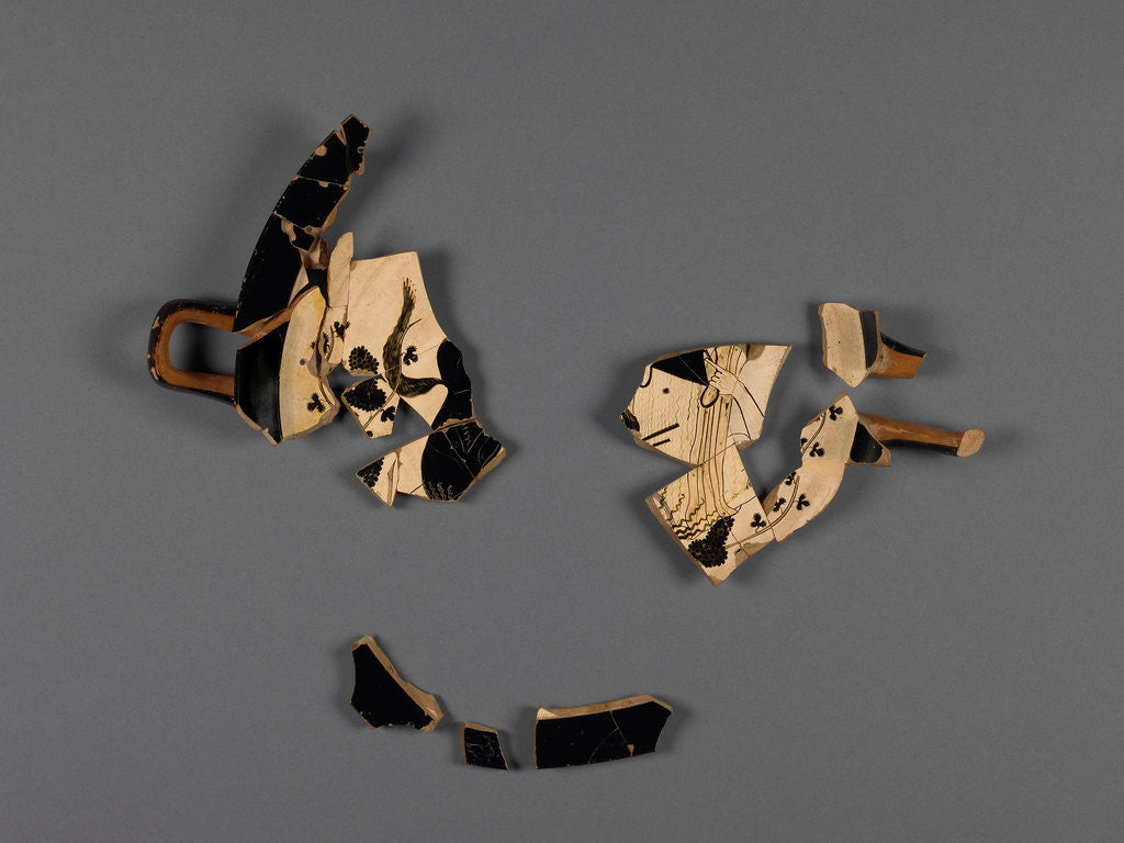 Detail of Attic White-Ground Cup (Lipped Inside) Fragment with Dionysos and a Satyr and One Black-Gloss Cup Fragment (rim) by Onesimos