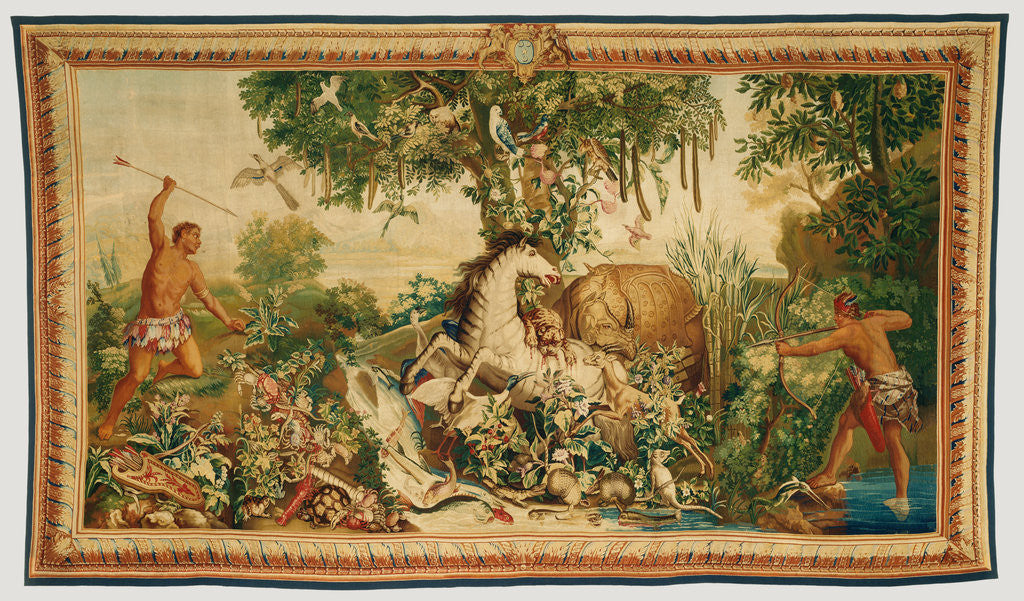 Detail of Tapestry: Le Cheval rayé from Les Anciennes Indes Series by Woven at Gobelins Manufactory