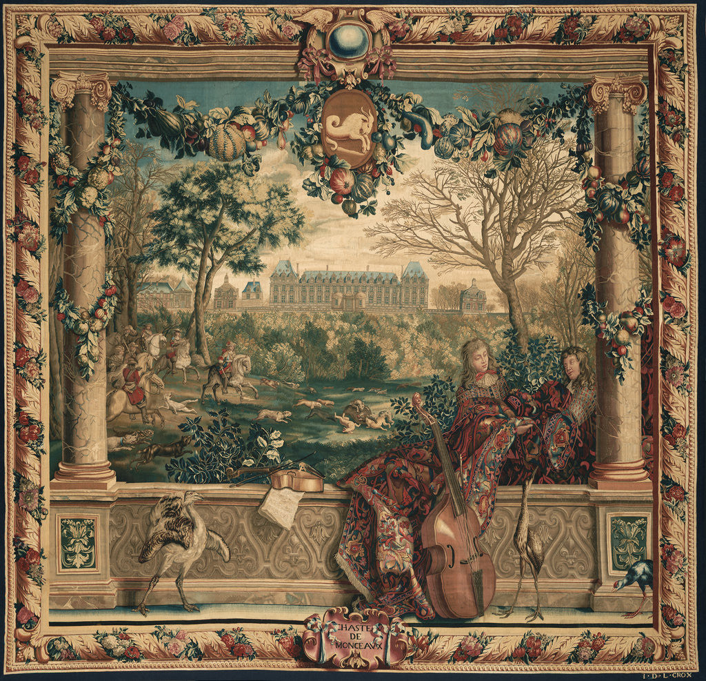 Detail of Tapestry: Le Mois de décembre, Le Château de Monceaux from Les Maisons royales Series by Anonymous