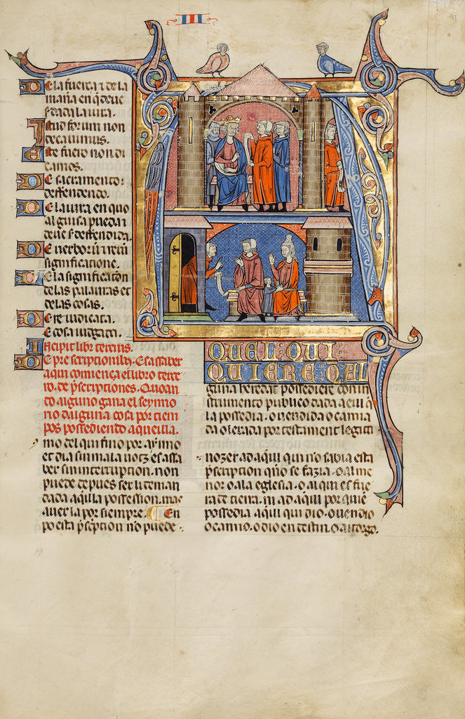 Detail of Initial A: Two Men before a King and A Man Speaking to a Family by Anonymous