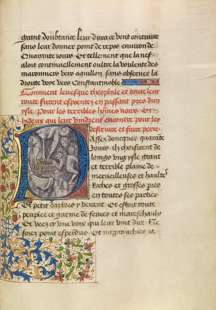 Detail of Initial P: The Ship of Bishop Theophilus Sailing Near an Island Inhabited by Wild Men by Master of the Brussels Romuléon