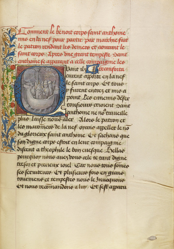 Detail of Initial Q: Saint Anthony Reassuring Bishop Theophilus and His Companions During a Great Storm by Master of the Brussels Romuléon