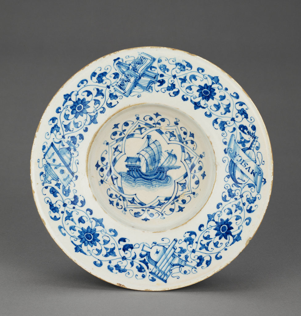Detail of Blue and White Dish with a Merchant Ship by Anonymous