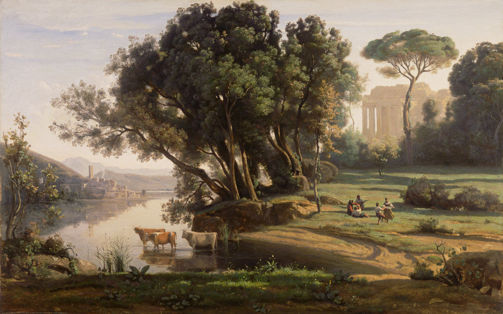 Detail of Italian Landscape (Site d'Italie, Soleil Levant) by Jean-Baptiste-Camille Corot