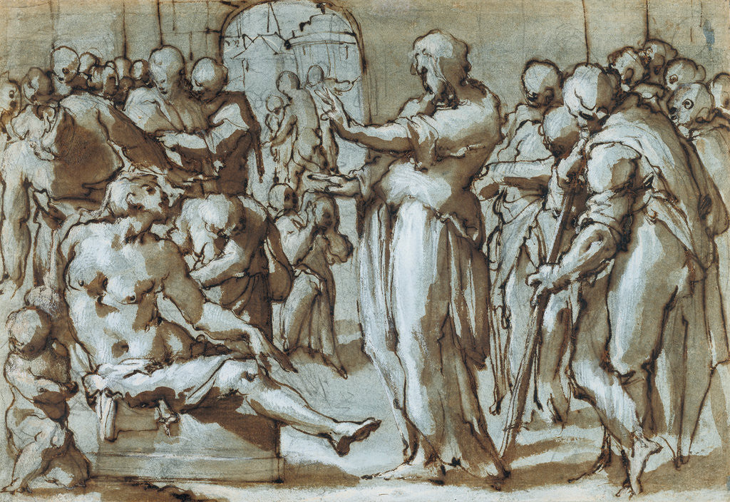Detail of Raising of the Son of the Widow of Naim (recto), Madonna and Child with Saints (verso) by Giovanni Battista Naldini