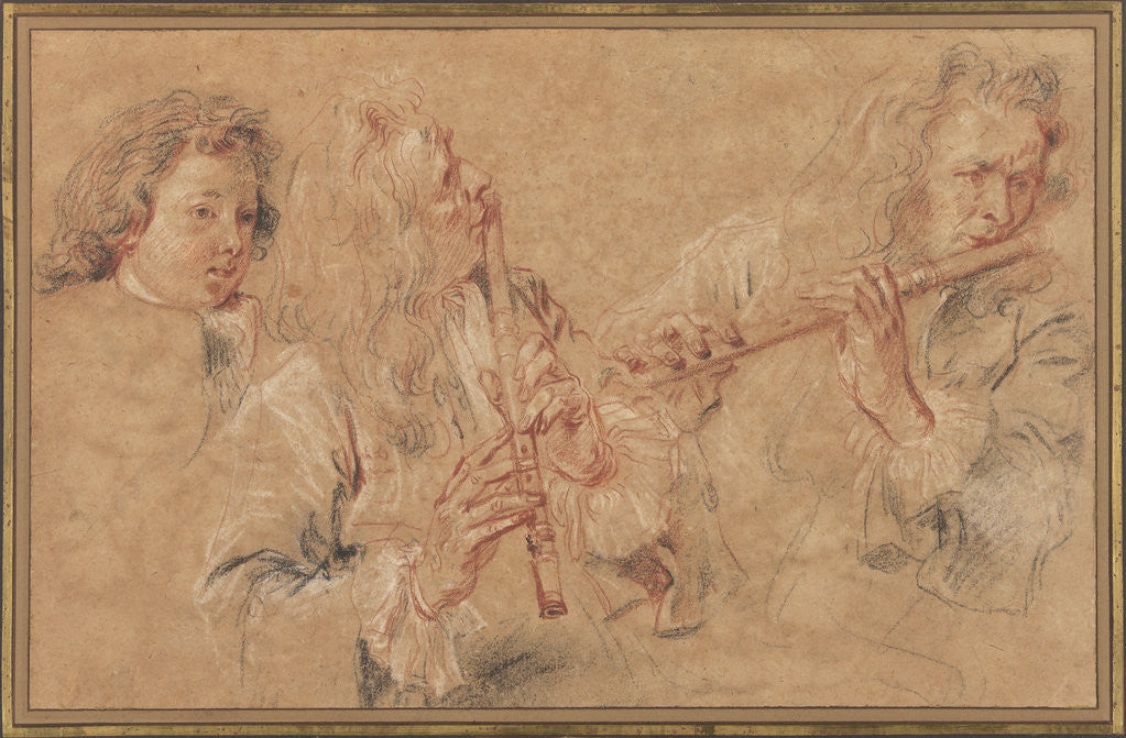 Detail of Two Studies of a Flutist and a Study of the Head of a Boy by Jean-Antoine Watteau