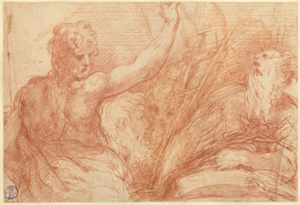 Detail of Studies of Saints John the Baptist and Jerome, a Crucifix, and Various Heads (recto), Studies of the Christ Child, a Crucifix, and a Dog (verso) by Parmigianino