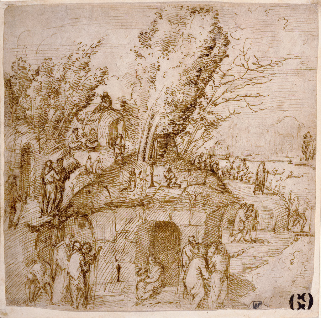 Detail of A Thebaid: Monks and Hermits in a Landscape by Lorenzo Costa