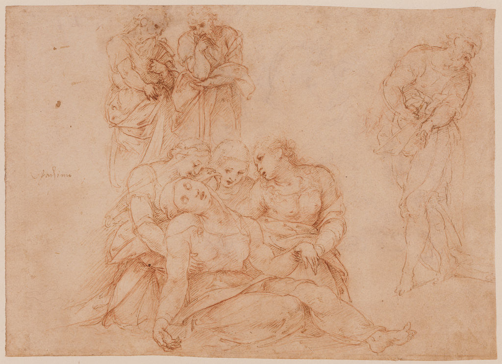 Detail of The Swooning Virgin Supported by Three Holy Women and Three Studies of Men (recto), Saint George and the Dragon (verso) by Cesare da Sesto