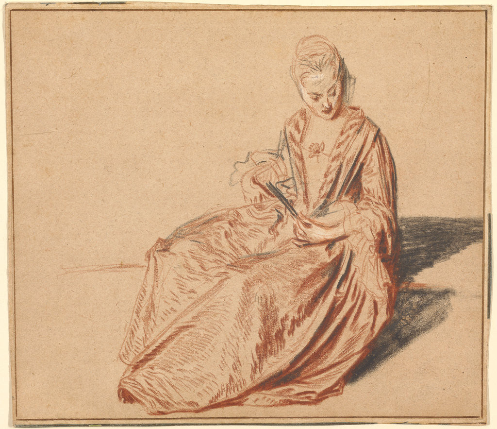 Detail of Seated Woman with a Fan by Jean-Antoine Watteau