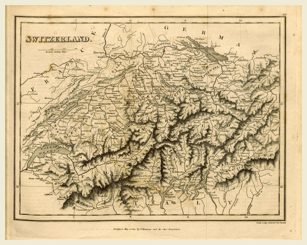 Detail of Map of Switzerland, 1819 by J. Mawman