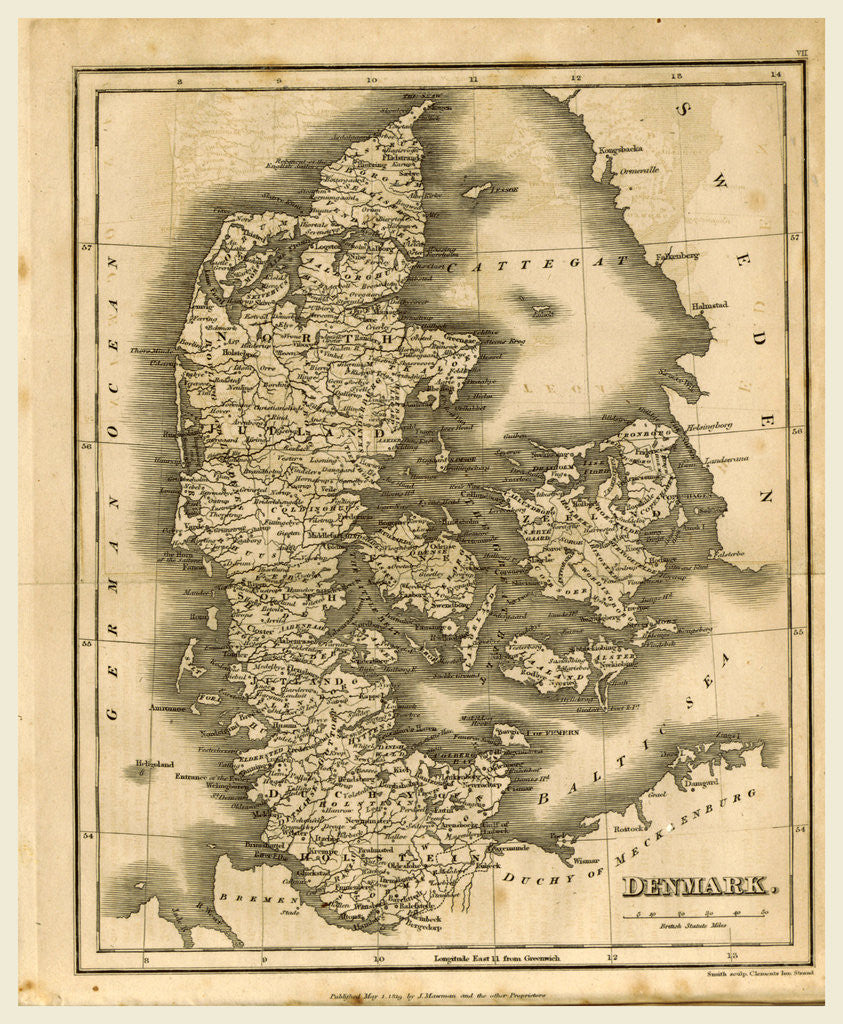 Detail of Map of Denmark, 1819, by J. Mawman
