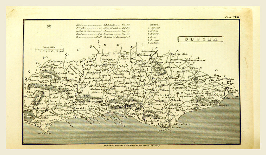 Detail of Sussex, A Topographical Dictionary, United Kingdom, UK, 1824 by Anonymous