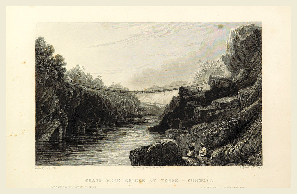 Detail of Grass rope bridge at Teree, Gurwall, Views in India by Anonymous