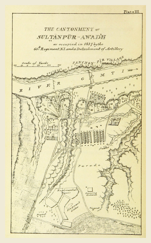 Detail of Outline of the Topography and Statistics of the Southern Districts of Oud'h, and of the cantonment of Sultanpur-Oud'h, maps by Anonymous