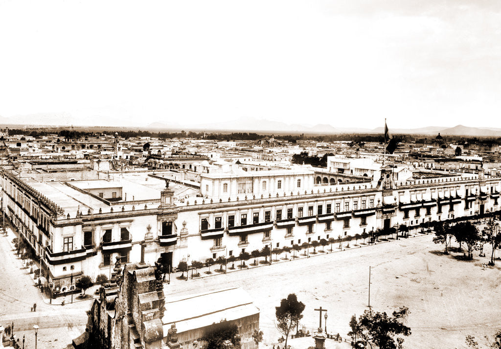 Detail of Palace from cathedral, city of Mexico, Mex, Jackson, Castles & palaces, Plazas, Mexico, Mexico City, 1880 by William Henry
