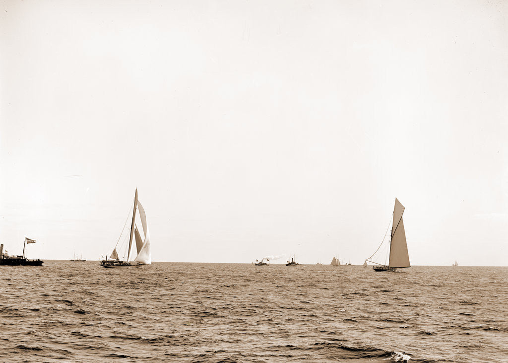 Detail of Columbia setting spinnaker and Shamrock, after start by Anonymous