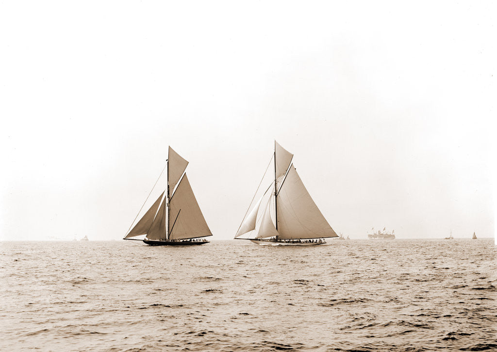 Detail of Shamrock I and Columbia coming for the line, Columbia (Sloop), Shamrock I (Yacht) by Anonymous