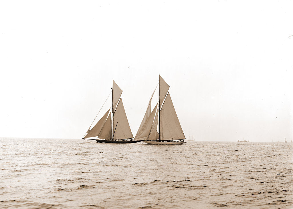 Detail of Shamrock I and Columbia coming for the line, Columbia (Sloop), Shamrock I (Yacht) by Anonymous