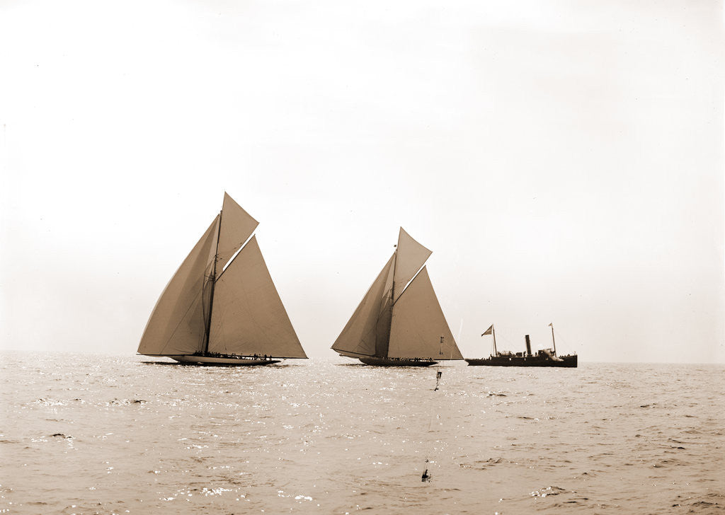 Detail of Columbia and Shamrock I across the starting line, Columbia (Sloop), Shamrock I (Yacht) by Anonymous
