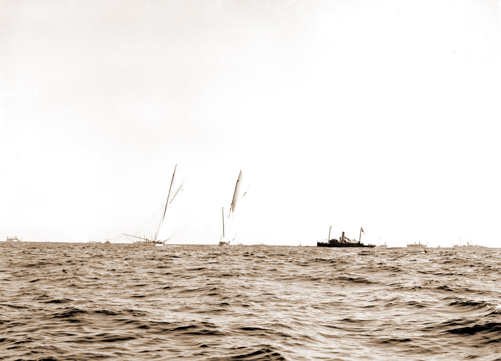 Detail of Columbia and Shamrock I coming for the line, Columbia (Sloop), Shamrock I (Yacht) by Anonymous
