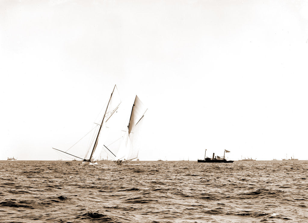 Detail of Columbia driving by the Shamrock I, Columbia (Sloop), Shamrock I (Yacht) by Anonymous