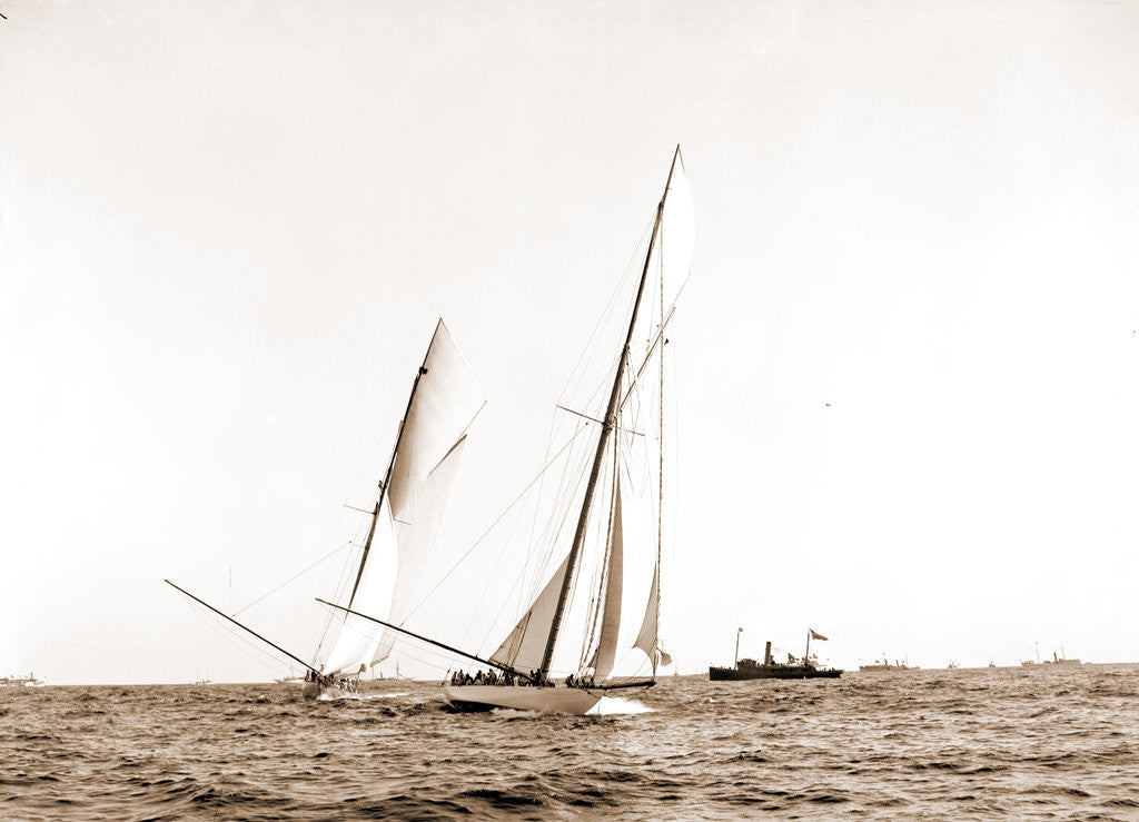 Detail of Columbia crossing the line, Shamrock I astern, Columbia (Sloop), Shamrock I (Yacht) by Anonymous