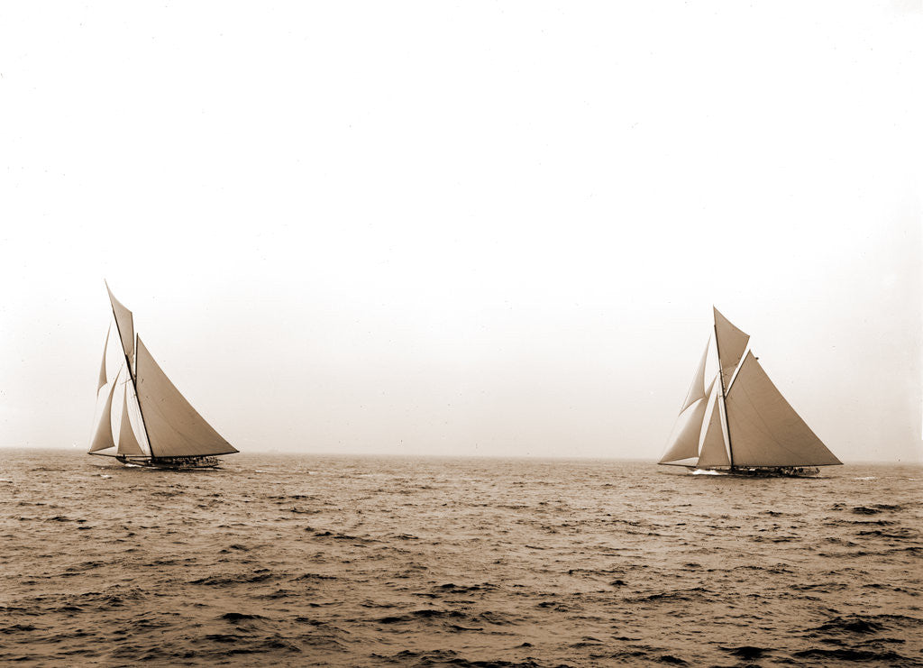 Detail of Shamrock I and Columbia two minutes after start, Columbia (Sloop), Shamrock I (Yacht) by Anonymous