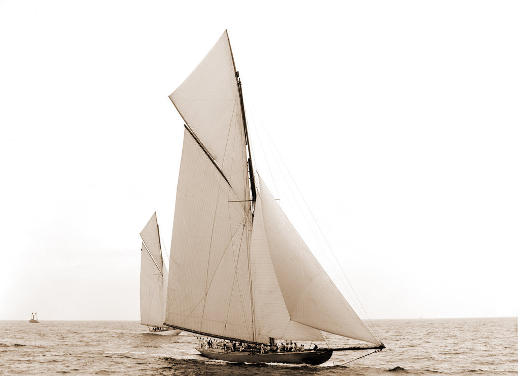 Detail of Columbia and Shamrock I maneuvering before the start, Columbia (Sloop), Shamrock I (Yacht) by Anonymous